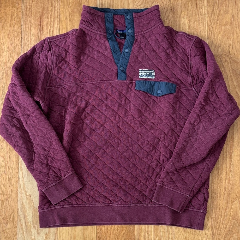 Patagonia Men’s Quilted Crewneck Pullover - Burgundy with Navy Trim